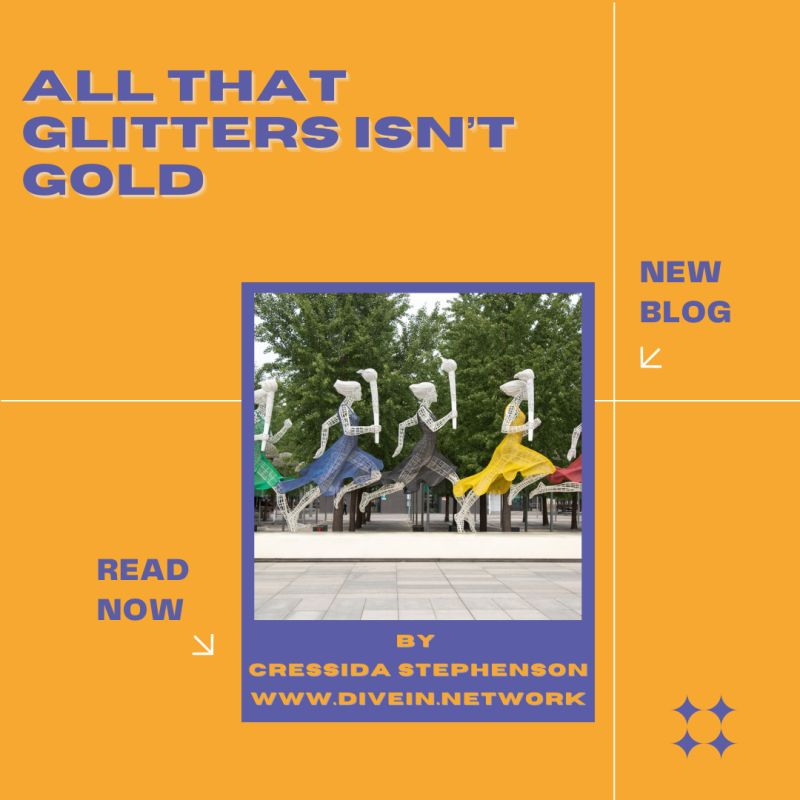 A square image of a sculpture of a females running with a purple rectangle around the image and an orange background. The text reads: all that glitters isn't gold, new blog, read now, by Cressida Stephenson